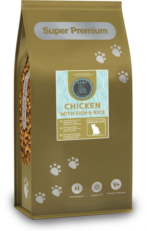 super premium high quality chicken with fish and rice cat food for senior cats. hypoallergenic omega 3 vitamins and minerals